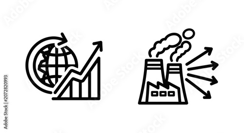 Climate change scenario data analysis and industrial emission pathway flow icons with emission industrial analysis pollution environment scenario production strategy forecast