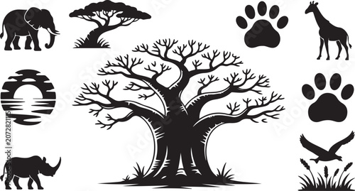 Safari wildlife icons, animal silhouettes, tree, vector graphics, 10 piece set
