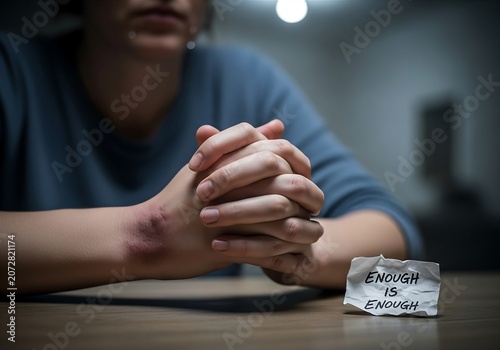 Domestic Violence Victim With Bruised Hands and Enough Is Enough Note