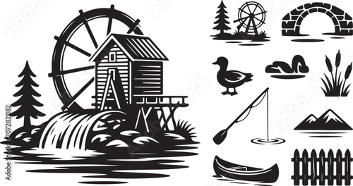 Water Mill, Rural Landscape, Vector Icons, Black and White, 12 Illustrations