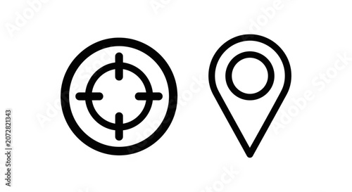 Target sight and map location pin outline icon set with location navigation destination illustration minimalist pictogram position bullseye crosshair tracking objective precision