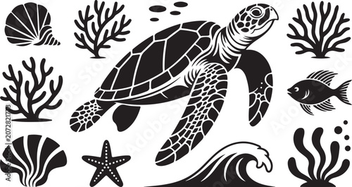 Sea turtle, ocean icons, black and white vector, marine life, sea creatures
