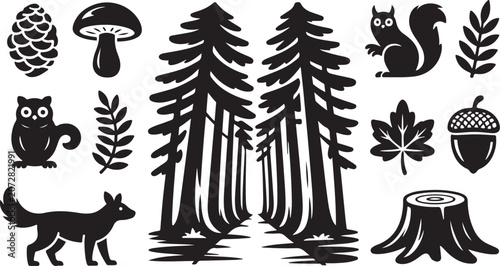 Forest Icons, Black Silhouette Vector Set, 13 Elements, Wildlife, Nature Symbols