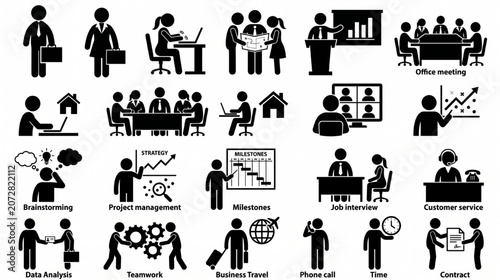Business Communication and Workplace Process Silhouette Icons Bundle