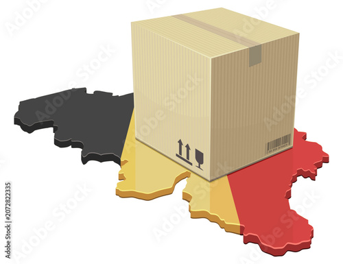 Isometric map of Belgium textured with national flag, featuring a large cardboard box representing domestic shipping, freight transport, parcel delivery, and supply chain (cut out).