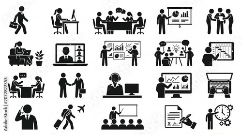 Corporate Business Process Icons Featuring Meeting, Interview and Strategy Planning
