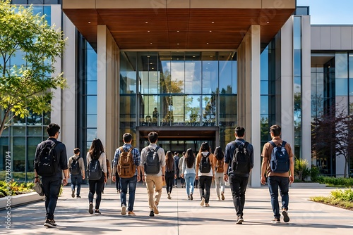 Students walking towards a modern university building entrance on a sunny day.