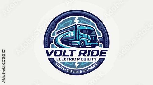 Circular logo for electric vehicle workshop, depicting a modern electric semi-truck with lightning, symbolizing innovative, powerful, and sustainable mobility solutions