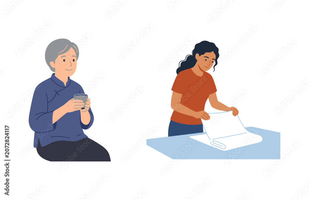 Fototapeta premium Elderly Woman Relaxing with Tea and Young Person Organizing Fabric or Paper at a Table