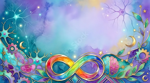 Colorful infinity symbol with glowing flowers, stars, and celestial elements on gradient purple and turquoise background. Whimsical design for creative projects.
