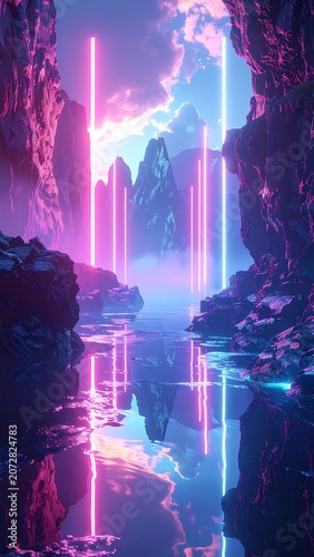 Neon Lit Rocky Mountain Landscape Scene.