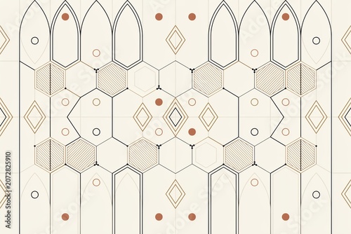 Geometric pattern with thin black lines, beige hexagons, brown circles, and diamond shapes on a light cream background, symmetrical layout