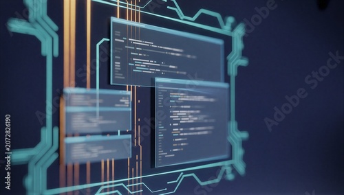 Obraz na płótnie Circuit board overlay with code window representing hardware design concept blending electronic schematic and firmware development.