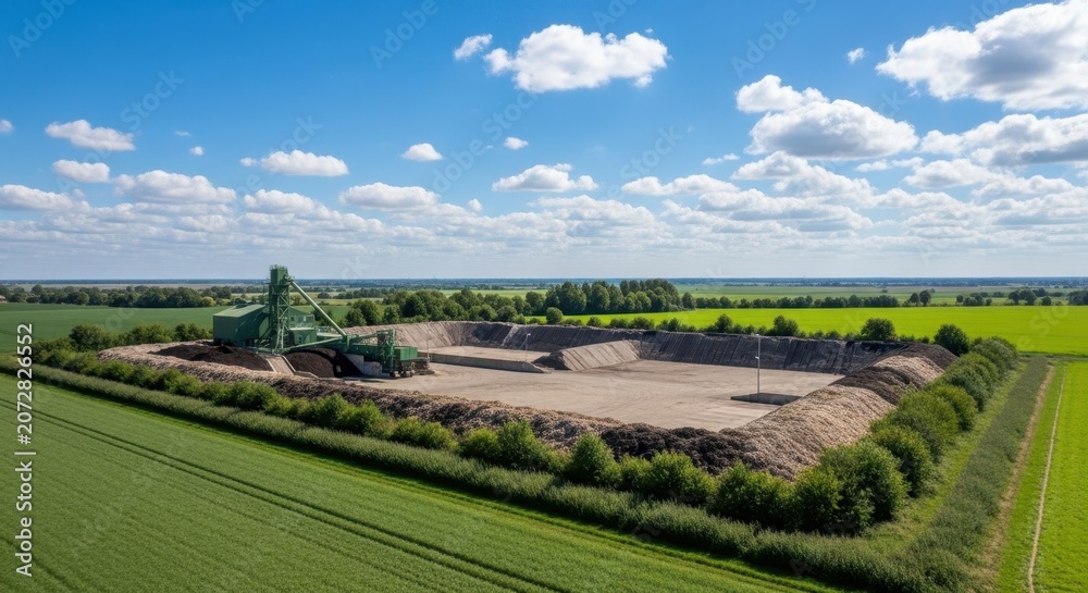 Naklejka premium Agricultural Waste Management Facility with Industrial Machinery Under a Sunny Sky