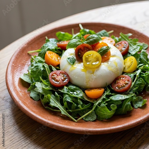 Fresh Caprese Salad with Mozzarella Tomatoes and Arugula on Rustic Wooden Plate