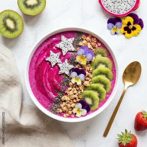 Colorful Acai Smoothie Bowl with Fresh Fruit Flowers and Granola Toppings