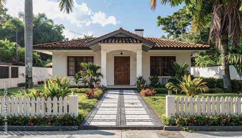A white, two-story house with red-tiled roofing stands amidst lush tropical foliage under a bright blue sky, accessed by a stone pathway flanked by a classic white picket fence.