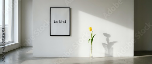 Minimalist interior with a framed be kind quote on a white wall, a yellow tulip in a glass vase, and soft natural light on concrete floor.
