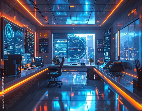 Futuristic office space with neon lights.
