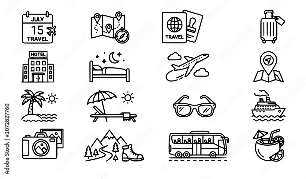 Fototapeta premium Summer Tourism and Holiday Icon Pack with Travel Planning, Beach Vacation and Adventure Symbols