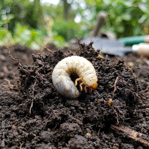 White Grub Worm Larva on Dark Soil in Garden Close-Up