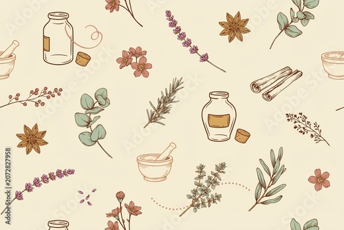 Hand drawn seamless pattern of apothecary including glass bottles, mortar and pestle, cinnamon sticks, lavender, and herbs on cream paper