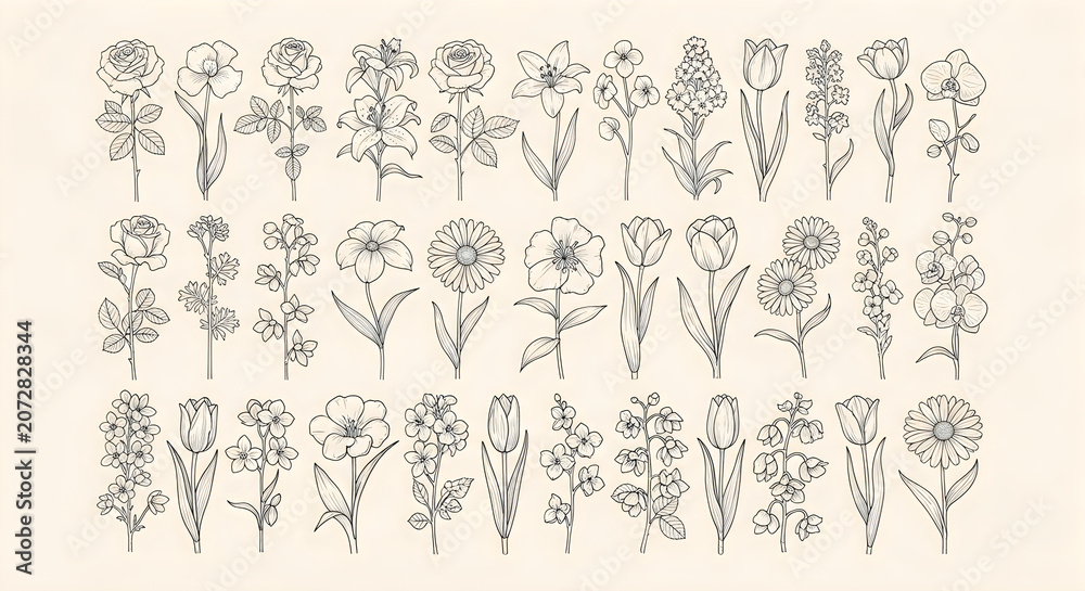 Fototapeta premium 40 Floral Illustrations, Vintage Flower Doodles, Botanical Sketches, Black Line Art floral