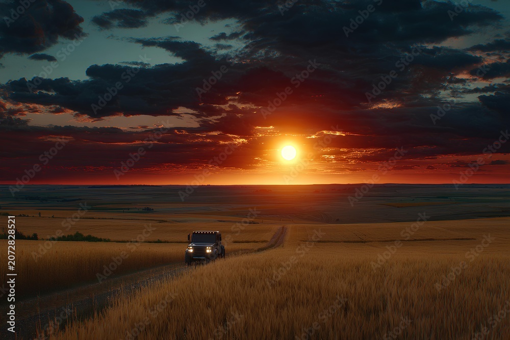 Fototapeta premium Autumn landscape with a truck on a road during sunset.