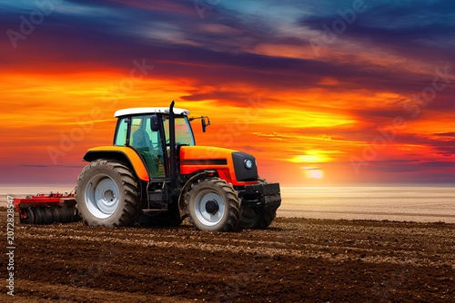 Powerful farm tractor cultivating field at dusk, with vivid orange and purple clouds creating a dramatic countryside and harvest atmosphere.