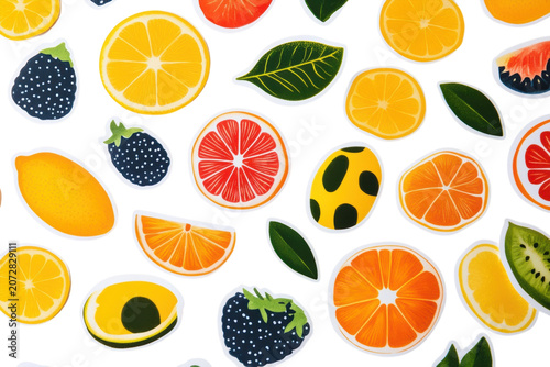 Vibrant collection of colorful citrus fruit slices and fresh berries arranged in a decorative artistic pattern for culinary projects and summer designs on white background