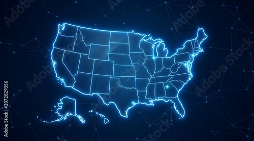Glowing blue map of the united states with state borders on a dark background with network connections