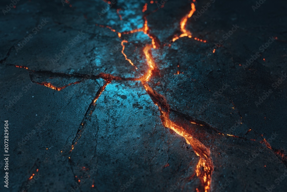 Fototapeta premium Flowing molten lava cracks through dark volcanic ground at night
