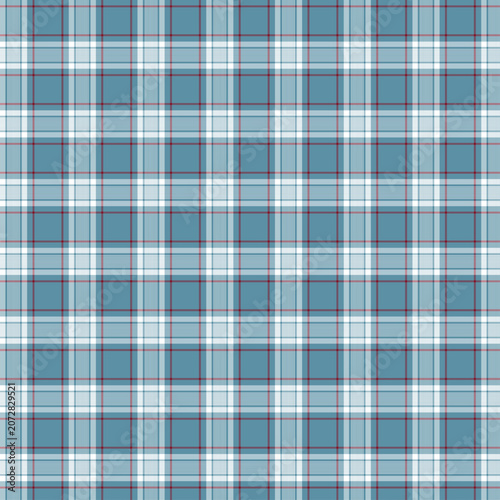 Seamless blue and white plaid pattern background with red accent lines. Traditional checkered tartan vector fabric design for winter textiles, flannel shirts, pajamas, and wrapping paper.