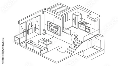 Isometric line art illustration of a modern house interior layout