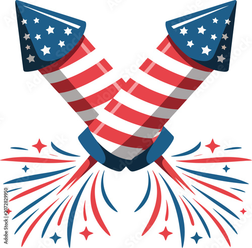 Two crossed fireworks rockets with red and white stripes and blue star-patterned tips, isolated on white background