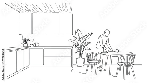 A man preparing a meal in a minimalist modern kitchen line art illustration