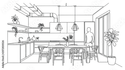 Architectural sketch of a modern kitchen and dining room interior
