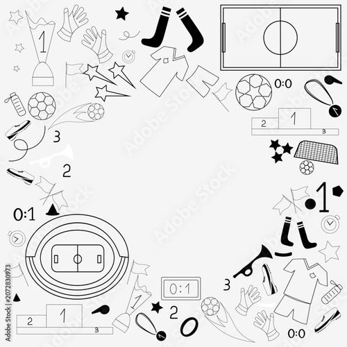 Football scribbles sports equipment set balls boots whistles flags.