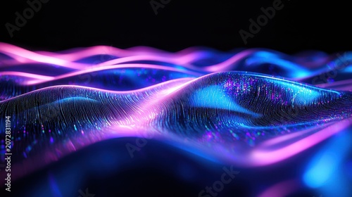 Holographic reconstruction waves with laser interference patterns creating vibrant pink blue purple light streams across digital particle surface technology visualization