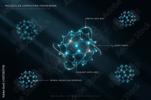 Molecular computing framework diagram showing c60 qubit arrays, orbital data buses, and covalent gate logic in a dark environment