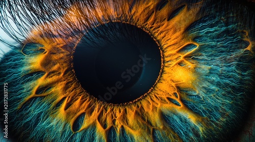 Iris pattern depth extreme closeup macro eye surface detailed structure eyelash texture background dramatic lighting natural color variations