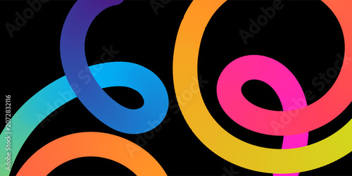 Abstract colorful neon gradient wavy line background on black. Creative fluid 3d ribbon curve pattern banner.