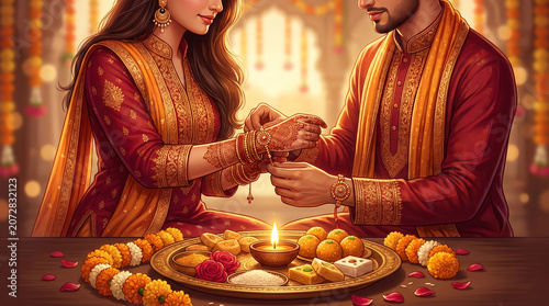 Beautiful Indian Festival Raksha Bandhan with Elegant Sister Tying Rakhi Bracelet on Brother