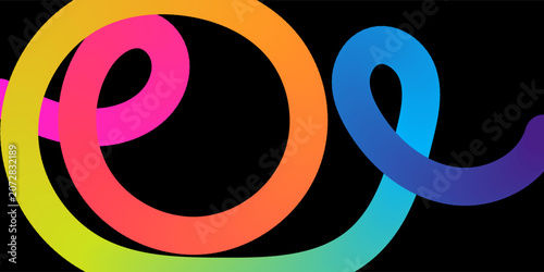 Abstract colorful neon gradient wavy line background on black. Creative fluid 3d ribbon curve pattern banner.
