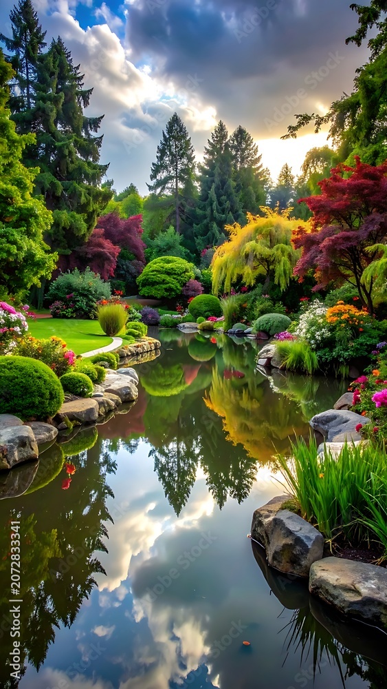 Fototapeta premium Serene garden pond with vibrant plants.