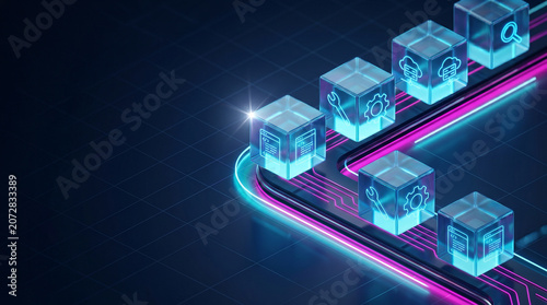 A glowing glass cubes with an icons floating along an ascending pipeline track, visualizing continuous integration for cloud security and DevSecOps