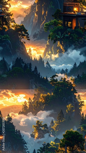Serene mountain landscape with trees clouds.