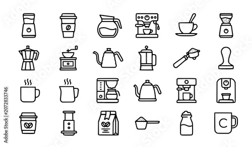 Bild auf Leinwand Coffee, espresso brewing and cafe icon set