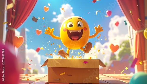 Smiling Emoji Jumping Out Box Celebration.