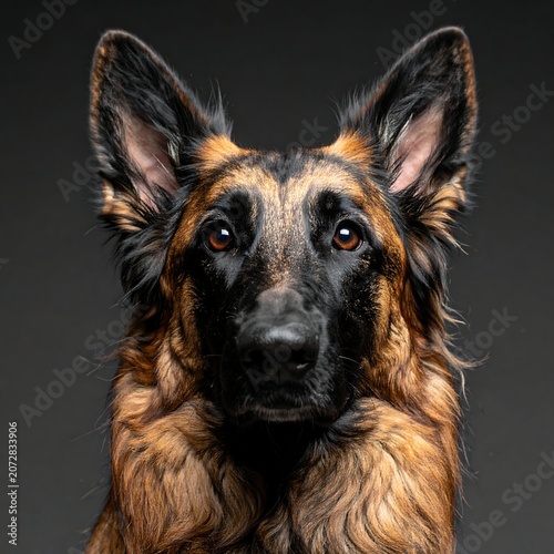 A close-up portrait of a majestic dog with piercing eyes